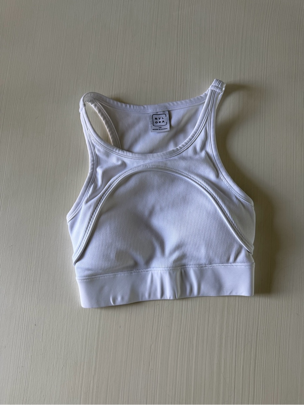 NYLORA White Ribbed High-Neck Sports Bra